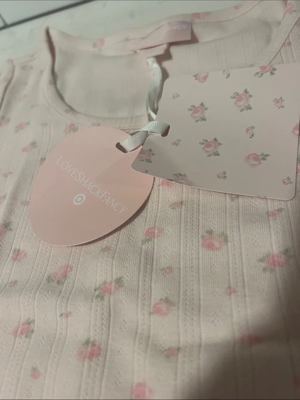 LoveShackFancy Light Pink Floral Ribbed Short Sleeve Top